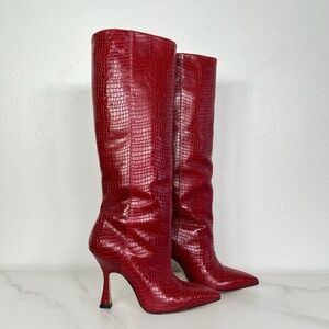 Stuart Weitzman Red Leather Snakeskin Heeled Boots - Size 6